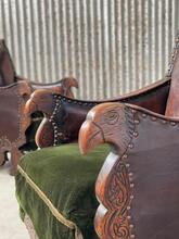 Antique style Set oak and Leather armchairs in wood leather, Europe 20th Century