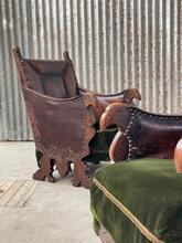 Antique style Set oak and Leather armchairs in wood leather, Europe 20th Century