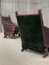 Antique style Set oak and Leather armchairs in wood leather, Europe 20th Century