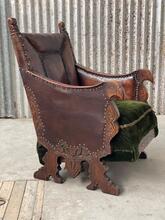 Antique style Set oak and Leather armchairs in wood leather, Europe 20th Century